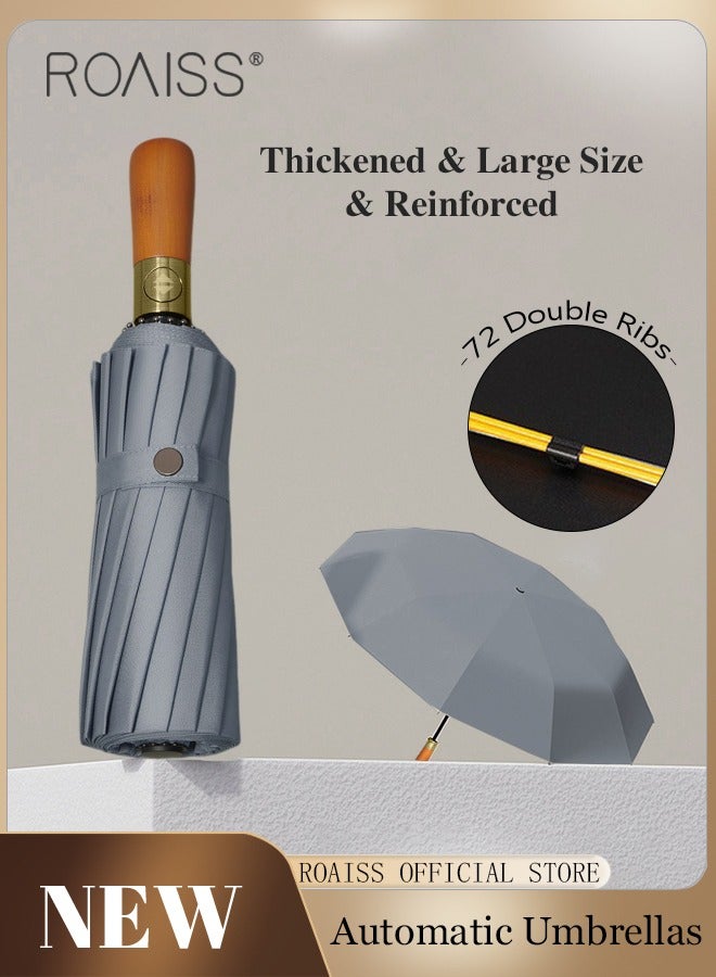 Unisex Multi Functional Semi Automatic Umbrella with Wooden Shaft Windproof Reinforced Dual Person Business Style 72 Rib Large Canopy Semi Automatic Umbrella for Rain or Shine