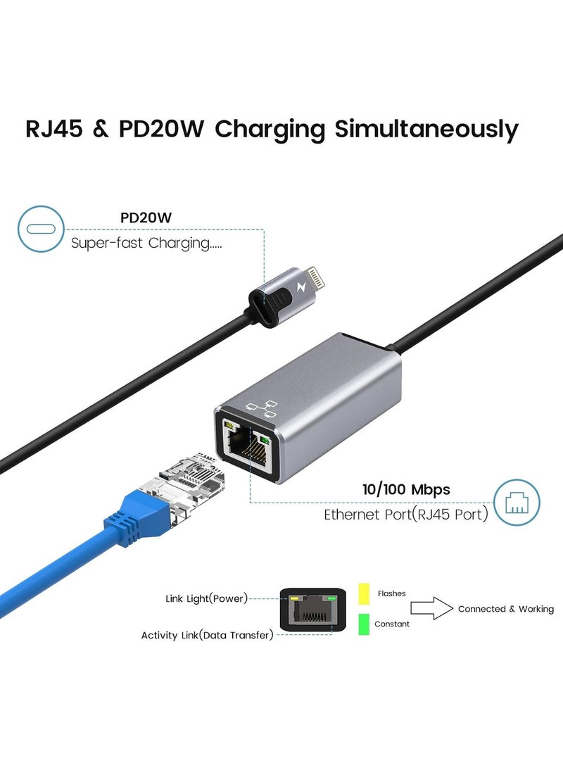 Lightning to RJ45 Ethernet Adapter, Compatible with iPhone iPad to RJ45 Ethernet LAN Network Adapter with 20W PD Fast Charging Port, 100Mbps High Speed, Plug and Play