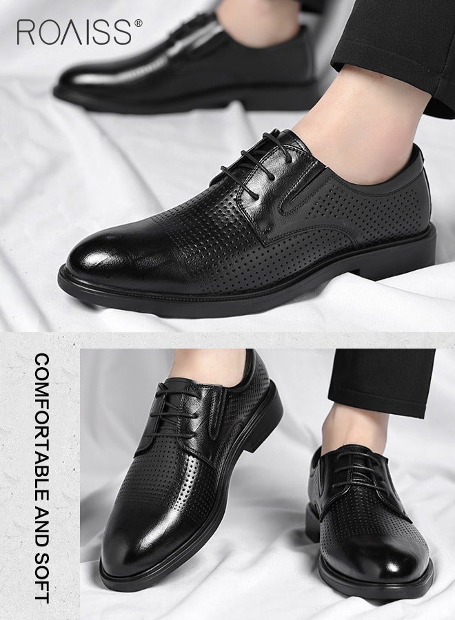 Formal Business Leather Shoes for Men High Fashion Textures Soft Sole Comfort Wedding Groom Shoes Mens Round Toe Low Top Lace up Front Anti Slip Wear Resistant Work Shoes