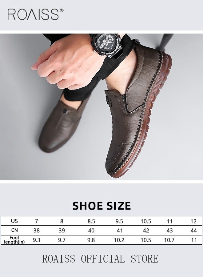 Casual Slip-On Flat Shoes for Men Round Toe Low Top Stitch Decor Soft Sole Business Leather Shoes Mens Wear Resistant Anti Slip Breathable Comfort Outdoor Walking Shoes