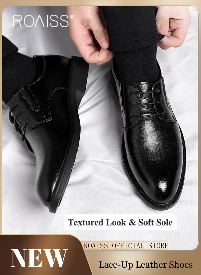 Formal Business Leather Shoes for Men High Fashion Textures Soft Sole Comfort Wedding Groom Shoes Mens Round Toe Low Top Lace up Front Anti Slip Wear Resistant Work Shoes