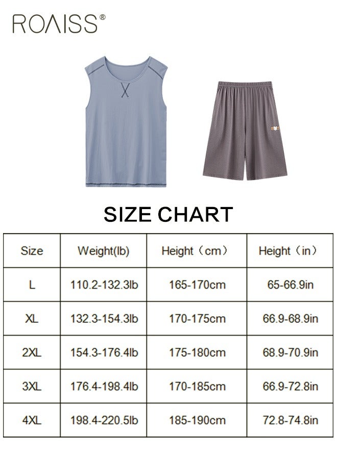 2Pcs Modal Pajamas Set for Men Summer Sleeveless Thin Tops Vest and Loose Elastic Strap Design Shorts Mens Skin-Friendly Comfortable Breathable Loungewear H Type Round Neck Pyjama Suit