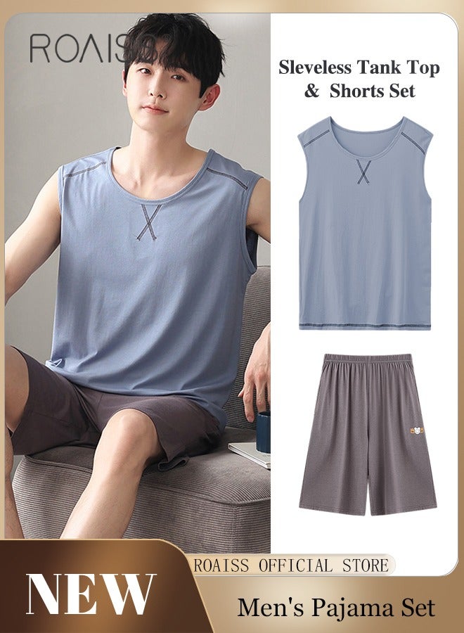 2Pcs Modal Pajamas Set for Men Summer Sleeveless Thin Tops Vest and Loose Elastic Strap Design Shorts Mens Skin-Friendly Comfortable Breathable Loungewear H Type Round Neck Pyjama Suit