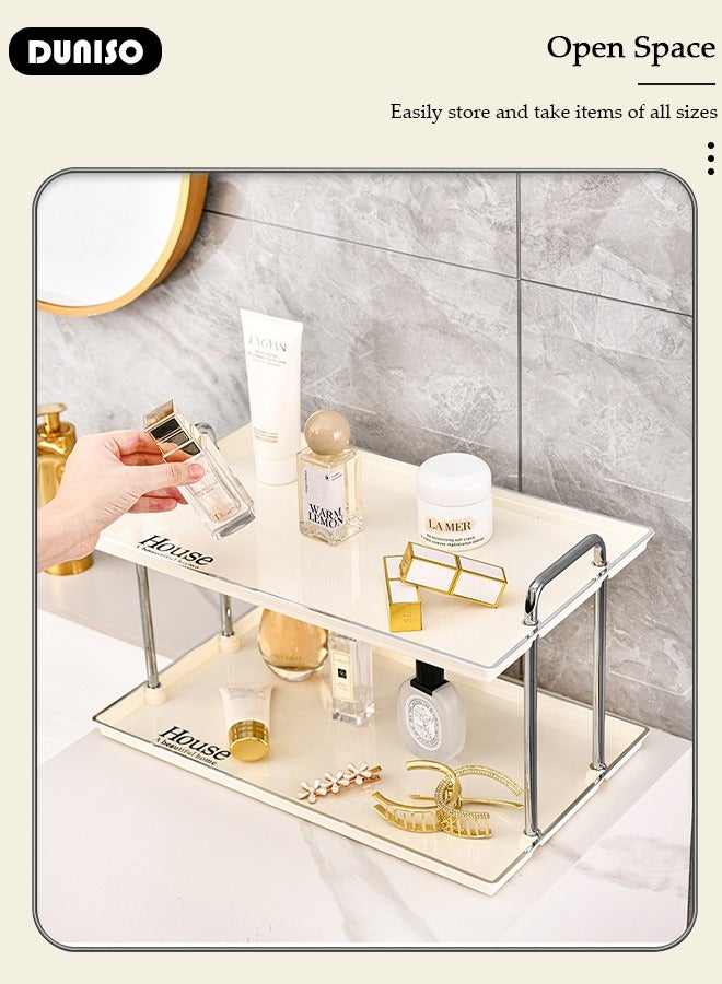 2-Tier Bathroom Counter Organizer, Makeup Countertop Organizer Perfume Tray for Cosmetics Vanity, Standing Vanity Tray for Bathroom Organization and Decor, Spice Rack Organizer for Cabinet