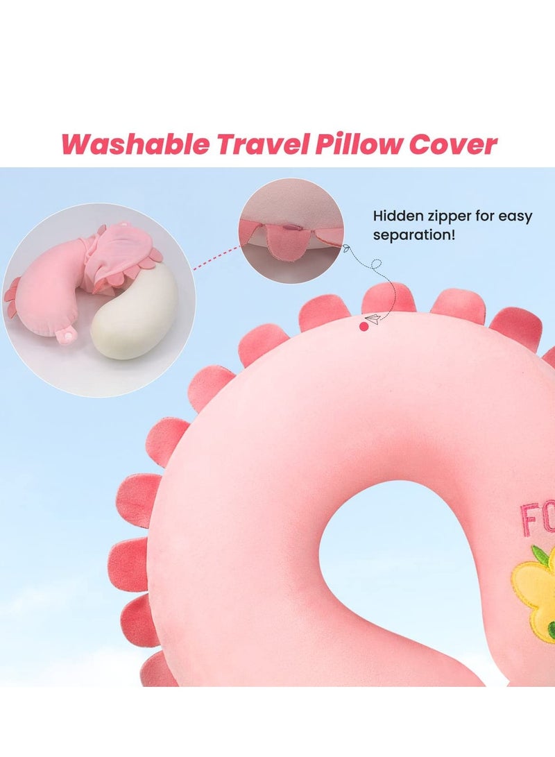 U-Shaped Memory Foam Travel Pillow, Neck Support Pillow, Comfortable Cartoon Neck Cushion for Traveling, Headrest Airplane Pillow for Adults, Kids (Pink)