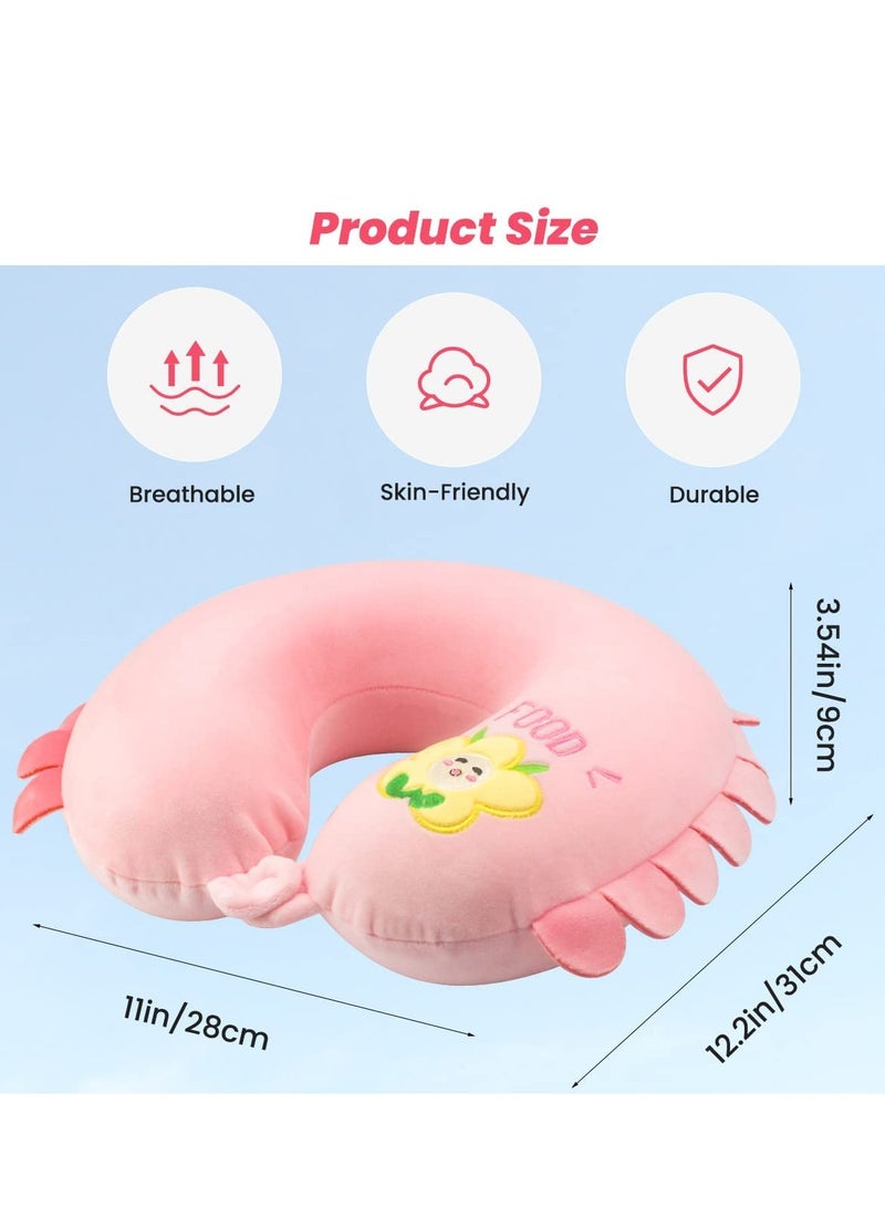 U-Shaped Memory Foam Travel Pillow, Neck Support Pillow, Comfortable Cartoon Neck Cushion for Traveling, Headrest Airplane Pillow for Adults, Kids (Pink)