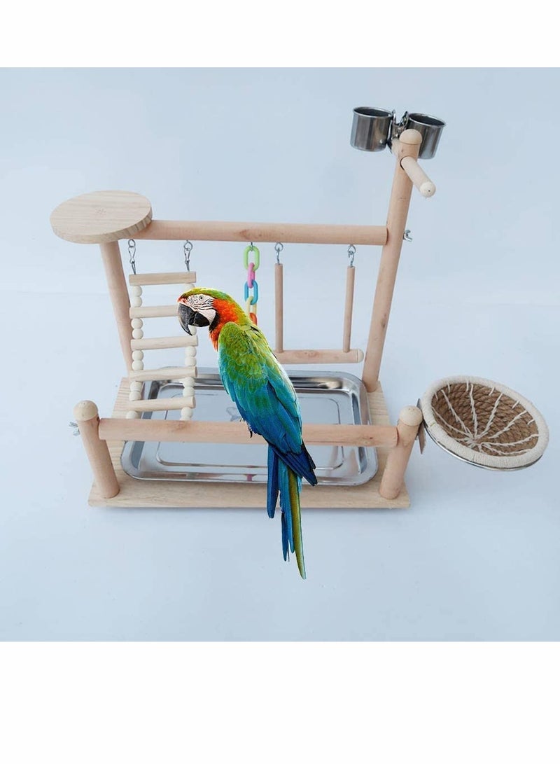 Wooden Bird Playground with Swings and Feeder Cups Ideal for Parrots Conures and Lovebirds Exercise Playstand Gym