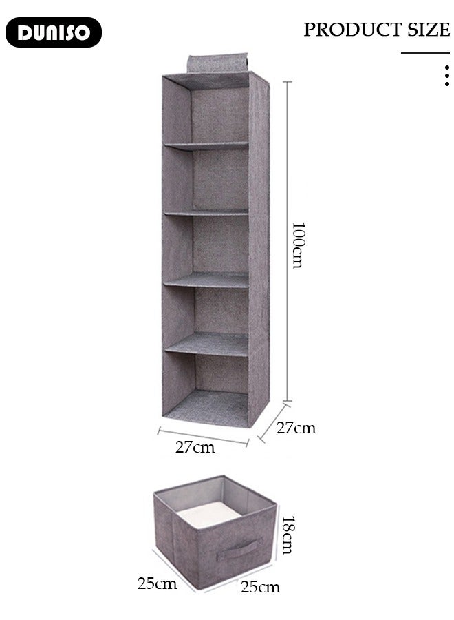 5-Tier Hanging Shelf Closet Organizer with 2 Drawers, Storage Box Collapsible Shelves Hanging Closet for Clothes, Socks, Underwear, Hat, Jeans, Towel, Sweater, in Bedroom, Dorm College Room