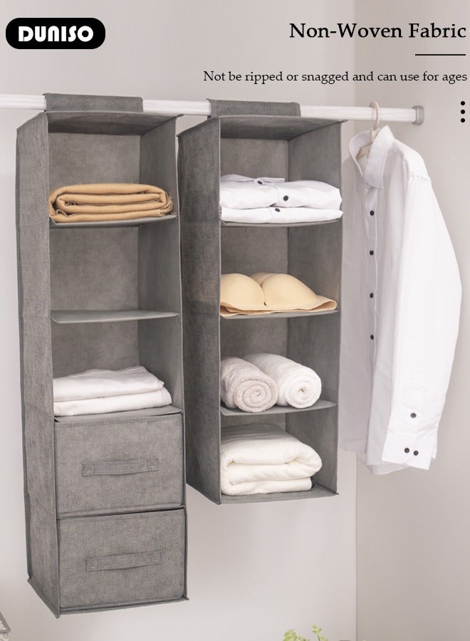 5-Tier Hanging Shelf Closet Organizer with 2 Drawers, Storage Box Collapsible Shelves Hanging Closet for Clothes, Socks, Underwear, Hat, Jeans, Towel, Sweater, in Bedroom, Dorm College Room