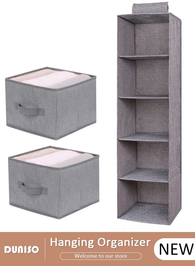 5-Tier Hanging Shelf Closet Organizer with 2 Drawers, Storage Box Collapsible Shelves Hanging Closet for Clothes, Socks, Underwear, Hat, Jeans, Towel, Sweater, in Bedroom, Dorm College Room