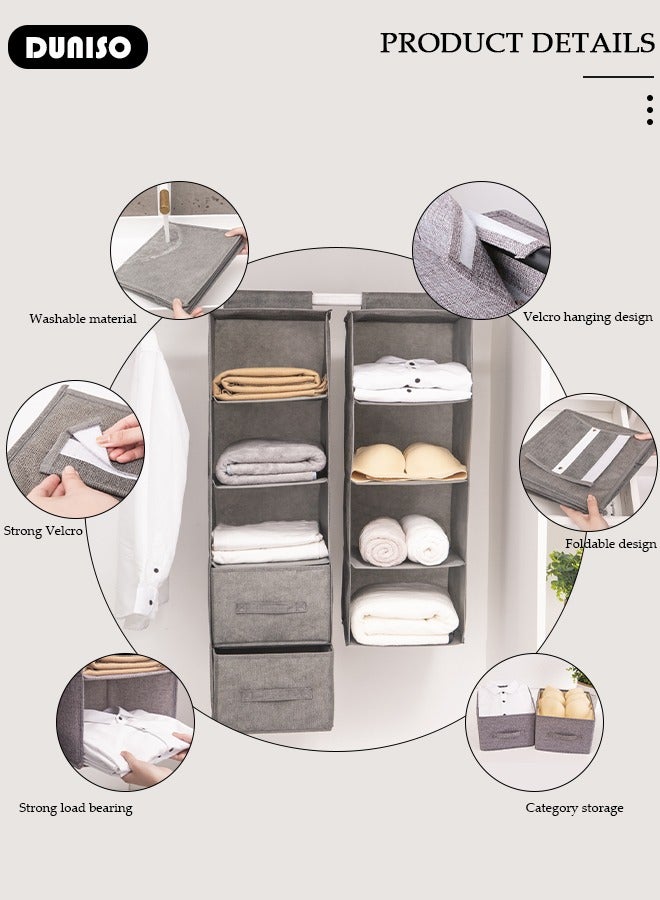 5-Tier Hanging Shelf Closet Organizer with 2 Drawers, Storage Box Collapsible Shelves Hanging Closet for Clothes, Socks, Underwear, Hat, Jeans, Towel, Sweater, in Bedroom, Dorm College Room