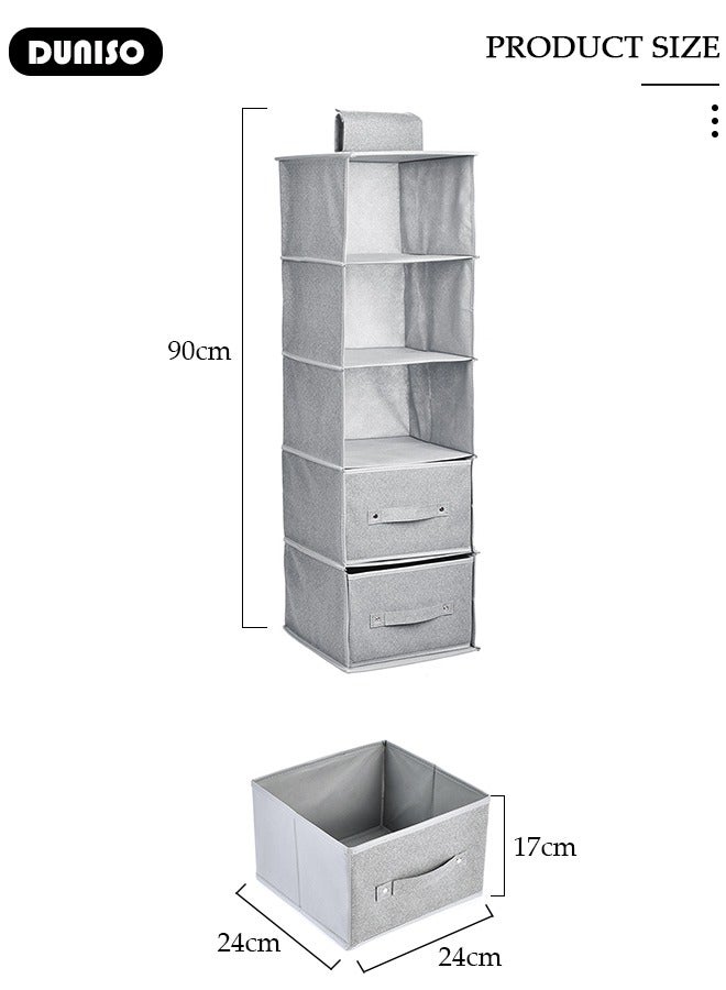 5-Tier Wardrobe Hanging Storage Organizer with Drawers, Dressing Room Finishing Hanging Underwear Storage Bag Household Multi-Layer Box Dust Bag Foldable Includes 2 Drawers