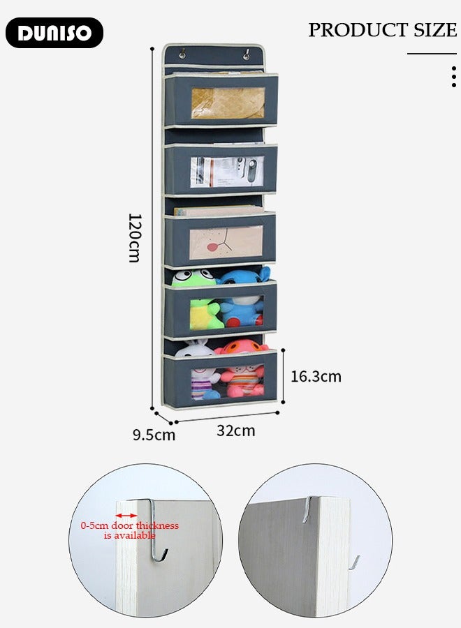 Over The Door Pockets, 5 Large Pockets Storage Organiser, Fabric Foldable Hanging Organizer Door Hanger Storage with Clear Window and 2 Metal Hooks Behind Door for Bedroom