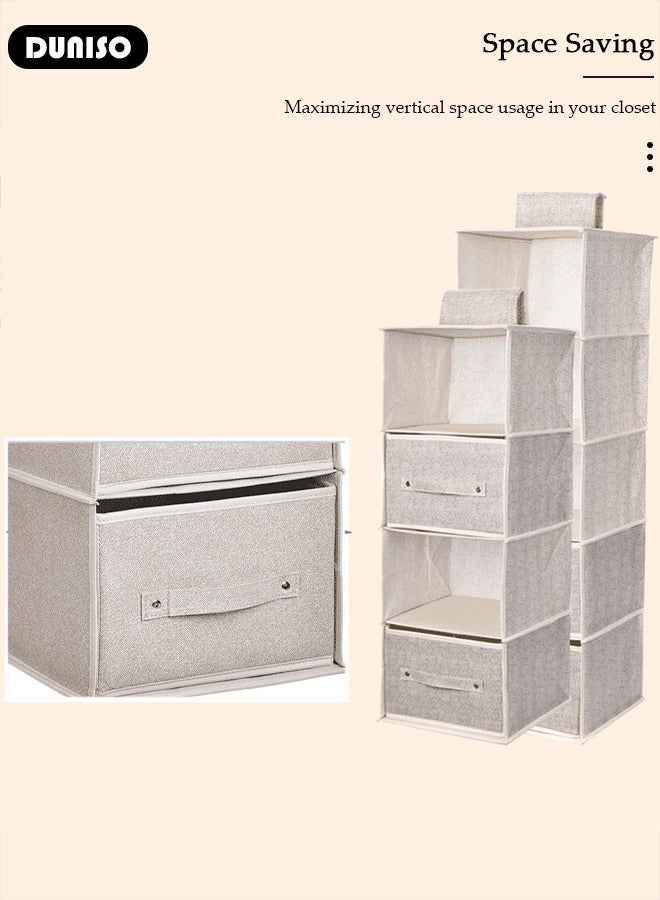 5-Tier Wardrobe Hanging Storage Organizer with Drawers, Dressing Room Finishing Hanging Underwear Storage Bag Household Multi-Layer Box Dust Bag Foldable Includes 2 Drawers