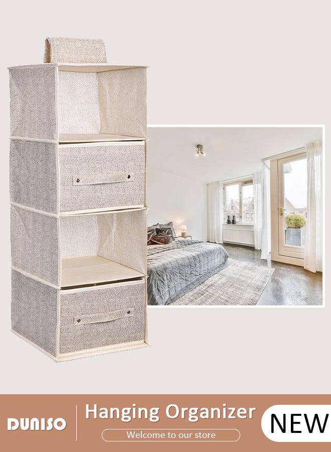 4-Tier Wardrobe Hanging Storage Organizer with Drawers, Dressing Room Finishing Hanging Underwear Storage Bag Household Multi-Layer Box Dust Bag Foldable Includes 2 Drawers