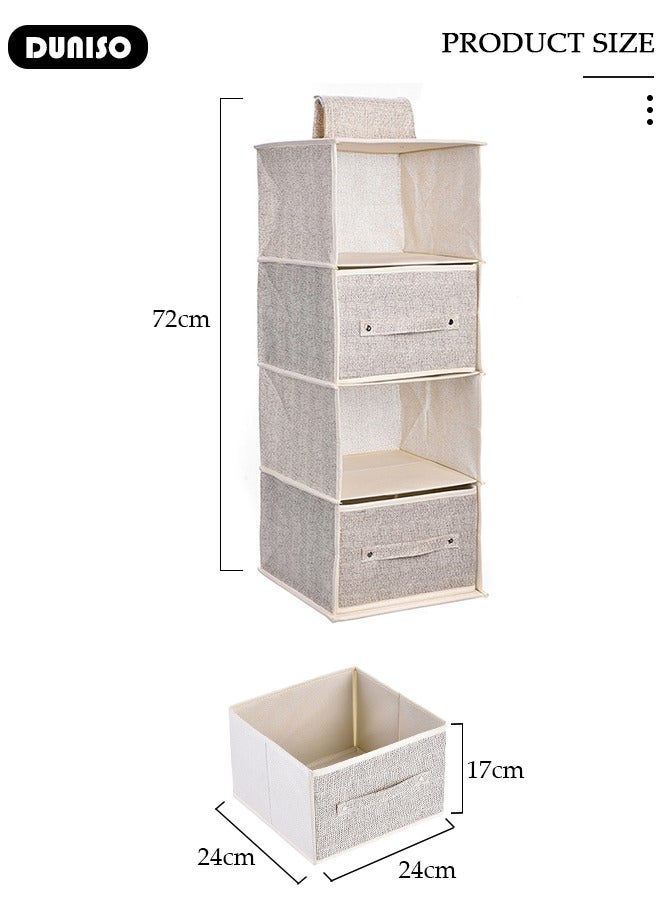 4-Tier Wardrobe Hanging Storage Organizer with Drawers, Dressing Room Finishing Hanging Underwear Storage Bag Household Multi-Layer Box Dust Bag Foldable Includes 2 Drawers