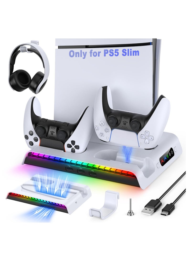 Cooling Fan Stand for PS5 Slim Disc/Digital Edition with Controller Charging Station, Vertical Stand for Playstation 5 Slim Console Accessories with 9RGB Light, 3USB Port, Headset Holder