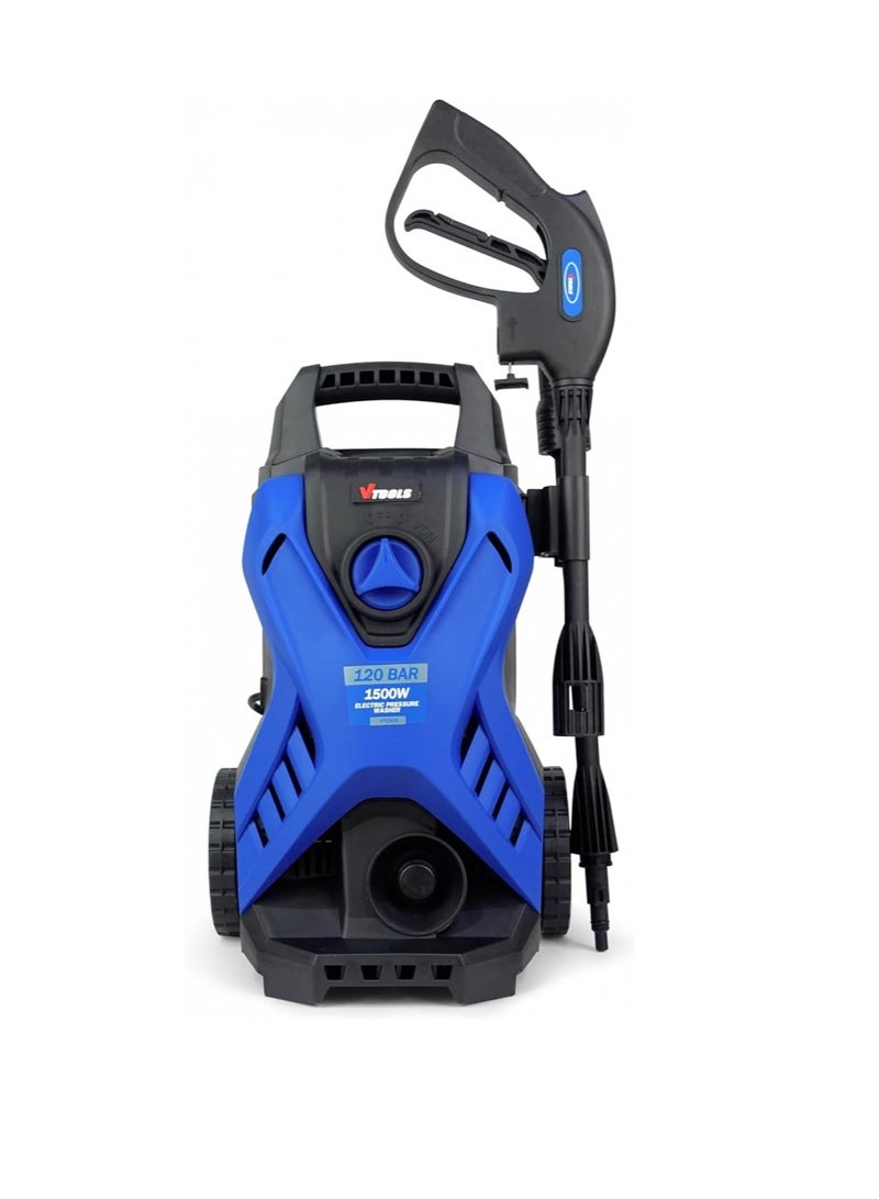 Vt1509 Bar Electric Pressure Washer 120 with 2 Wheels, 5 Meter Hose, Soap Dispenser, 1500 Watt, Blue