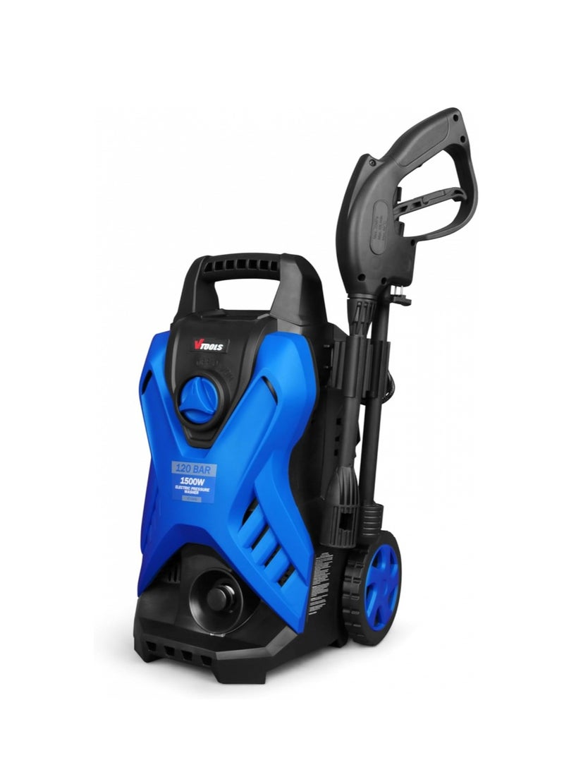 Vt1509 Bar Electric Pressure Washer 120 with 2 Wheels, 5 Meter Hose, Soap Dispenser, 1500 Watt, Blue