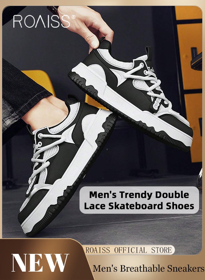 Stylish Colorblock Breathable Sneakers for Men Casual Double Lace up Non Slip Platform Skateboard Shoes Men's Low Top Cross Strap Design Comfy Soft Sole Sports Shoes