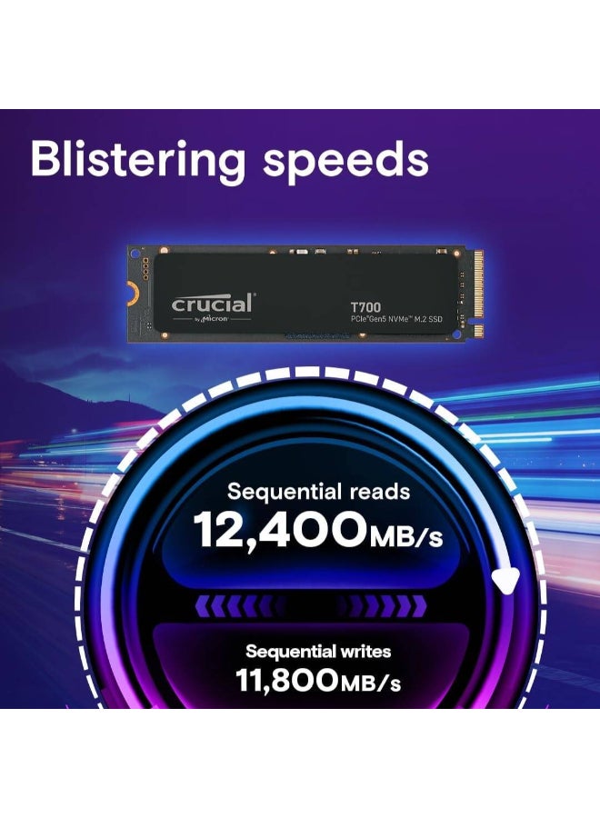 T700 4TB PCIe Gen 5 NVMe M.2 Internal SSD, Up to 12,400 MB/s Read & 11,800 MB/s Write Speeds, 232-Layer TLC NAND, 2400TB Endurance, 1.5 Million Hours MTTF, Integrated Heat Sink, Advanced Dynamic Thermal Guard, 3D NAND for Enhanced Durability, Black | CT4000T700SSD3 4 TB