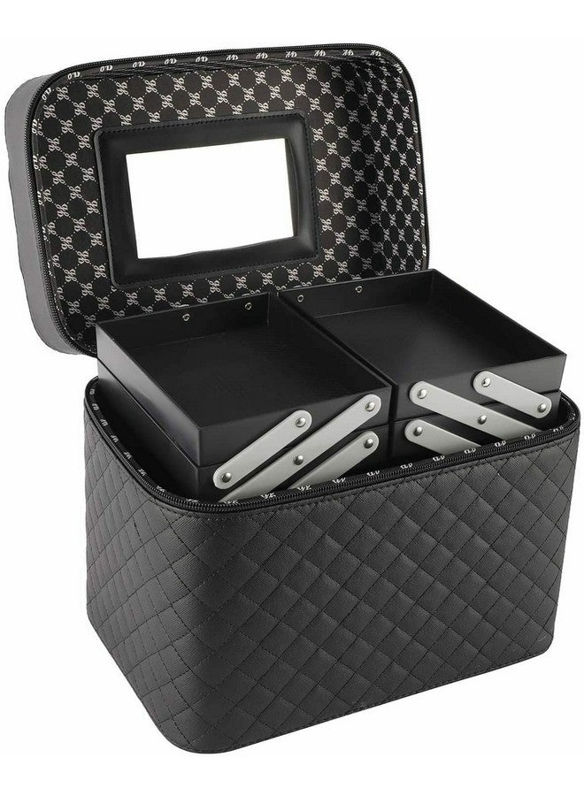 Faux Leather Solid 18 Cms Professional Cosmetic Makeup Kit Storage Organizer Toiletry Vanity Bag With Foldable Tray & Mirror, Black, Cosmetics