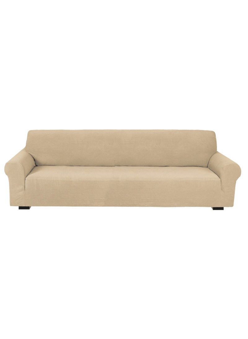 Stretch Fit 4-Seater Sofa Cover Soft Brushed Fabric Couch Cover Exquisitely Full Coverage Furniture Protector Slipcover Four Seater Fits on Standard and Recliner Sofa 235-300cm Size Cream