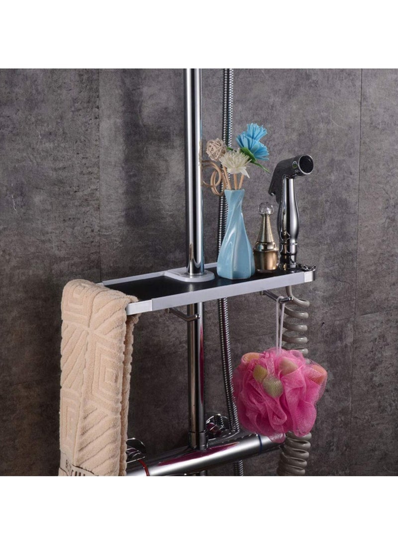 SYOSI ABS Bathroom Shelf Rack Shower Caddy Wall Mount Holder, No Drilling Shower Organiser for Shampoo Soap with 19-25mm Rail and Double Hook for 19mm-25mm Shower Rail Black