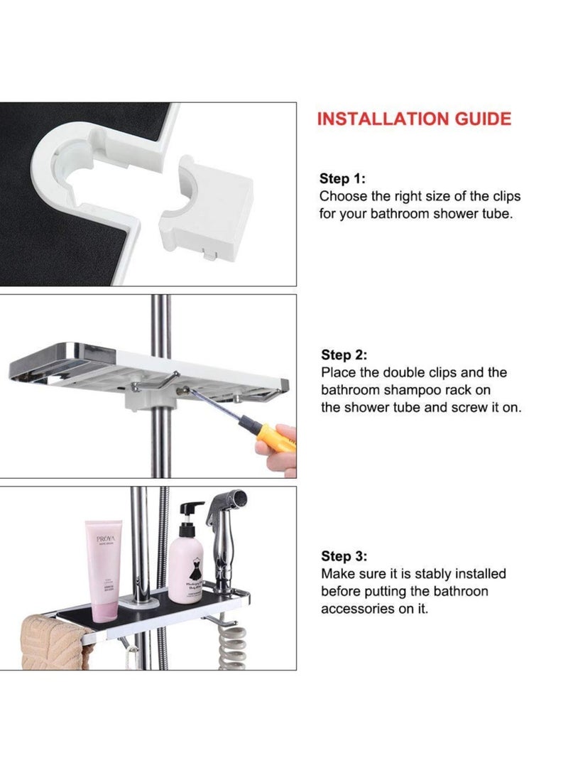 SYOSI ABS Bathroom Shelf Rack Shower Caddy Wall Mount Holder, No Drilling Shower Organiser for Shampoo Soap with 19-25mm Rail and Double Hook for 19mm-25mm Shower Rail Black