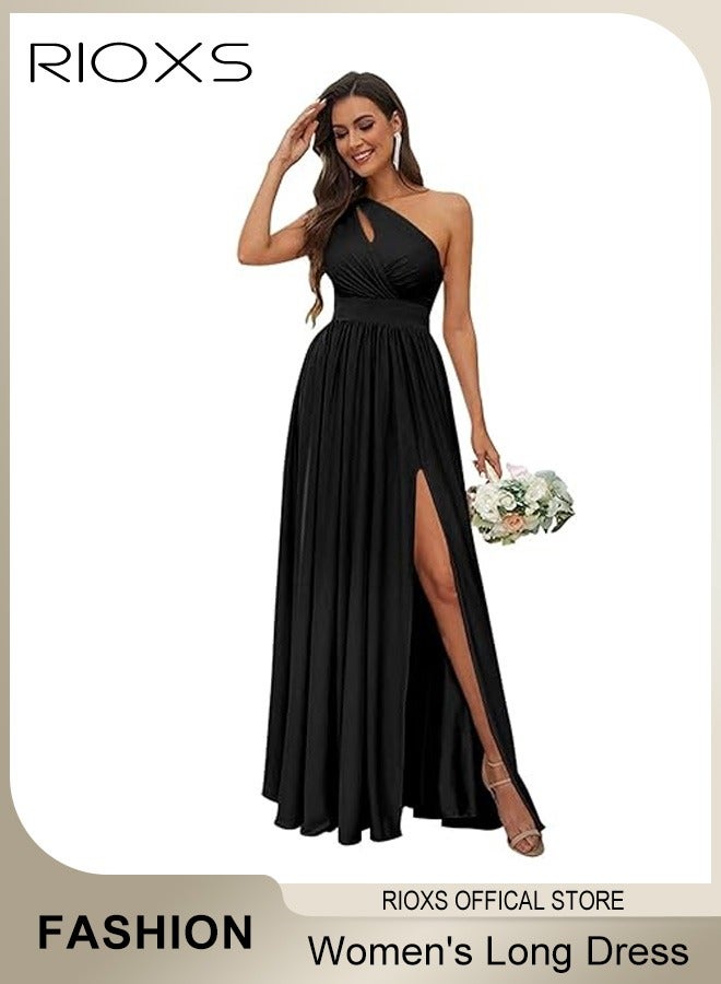 Women's Elegant Evening Dress, One Side Shoulder Sleeveless Split High Waist Bodycon Long Dress, Wedding Guest Dress, Ladies High Slit Dresses For Formal Business Party