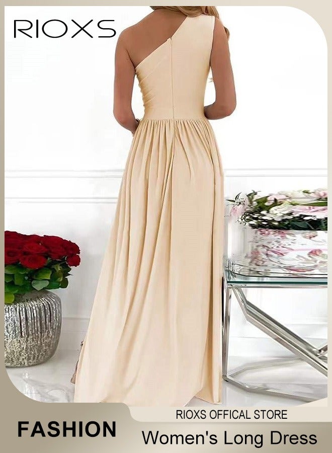 Women's Elegant Evening Dress One Side Shoulder Sleeveless Split High Waist Bodycon Long Dress for Evening Formal Business Party