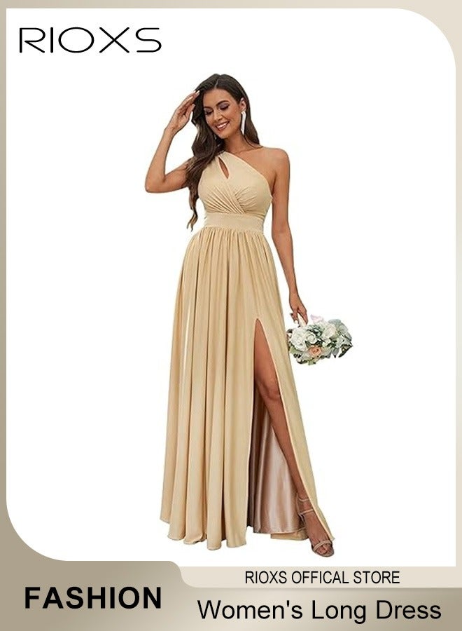 Women's Elegant Evening Dress One Side Shoulder Sleeveless Split High Waist Bodycon Long Dress for Evening Formal Business Party