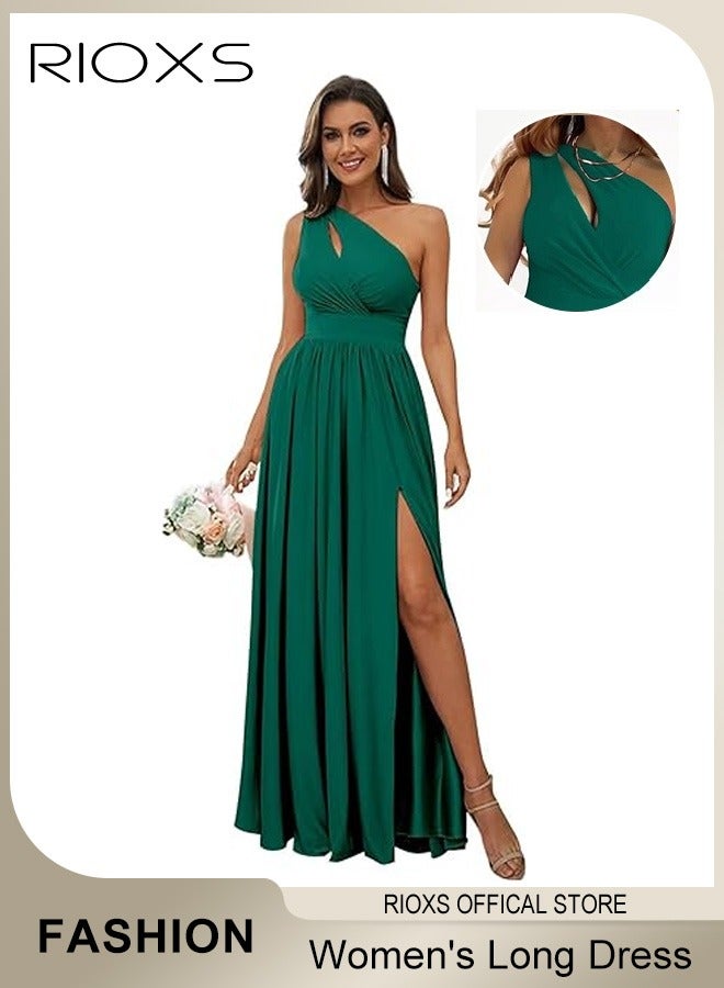 Women's Elegant Evening Dress One Side Shoulder Sleeveless Split High Waist Bodycon Long Dress for Evening Cocktail Formal Business Party