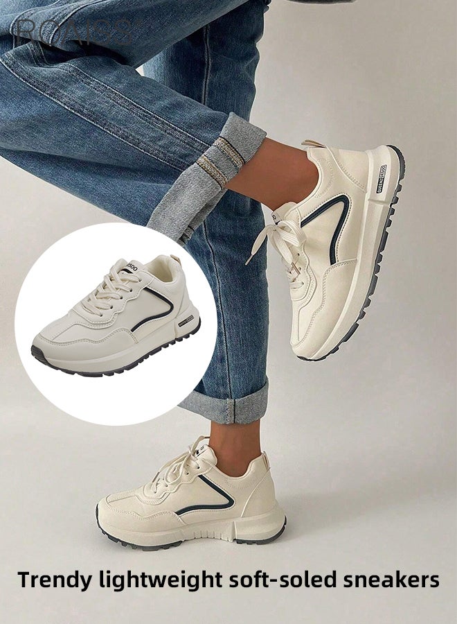 Casual Lightweight Chunky Sneakers for Women Retro Low Cut Non-slip Breathable Running Shoes with Nice Color Matching Ladies Simple Thick-Soled Sports Shoes Athlesiure Shoes White