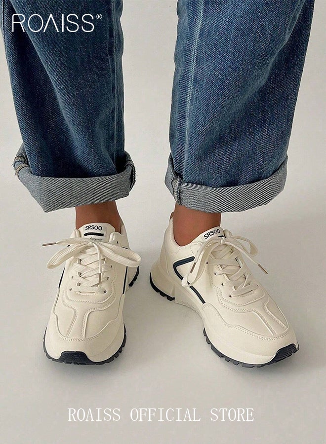 Casual Lightweight Chunky Sneakers for Women Retro Low Cut Non-slip Breathable Running Shoes with Nice Color Matching Ladies Simple Thick-Soled Sports Shoes Athlesiure Shoes White