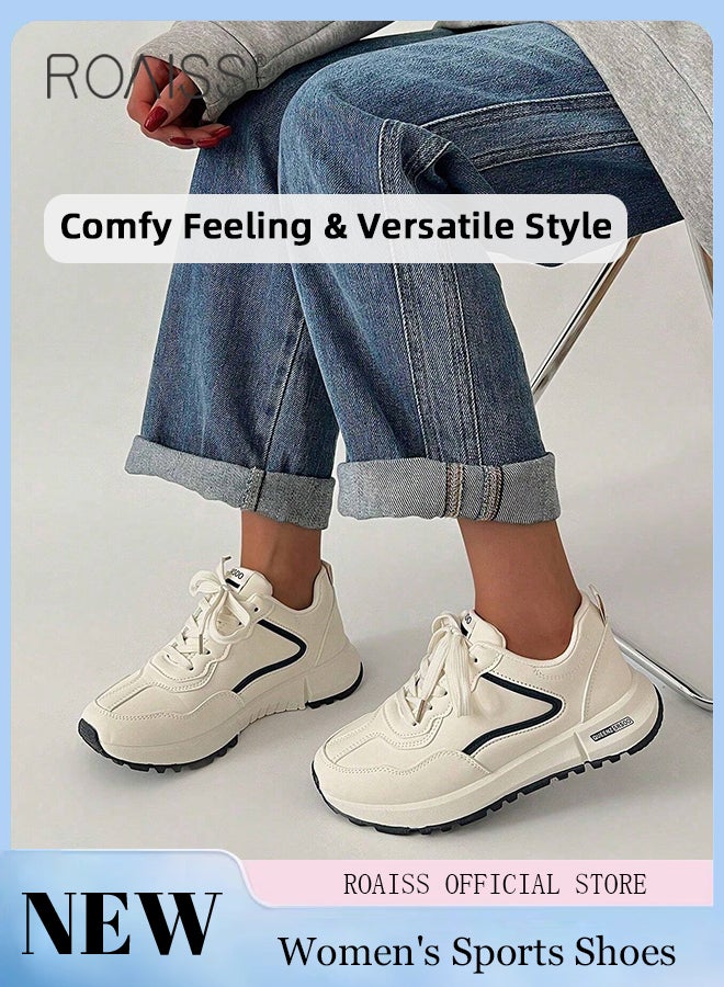 Casual Lightweight Chunky Sneakers for Women Retro Low Cut Non-slip Breathable Running Shoes with Nice Color Matching Ladies Simple Thick-Soled Sports Shoes Athlesiure Shoes White