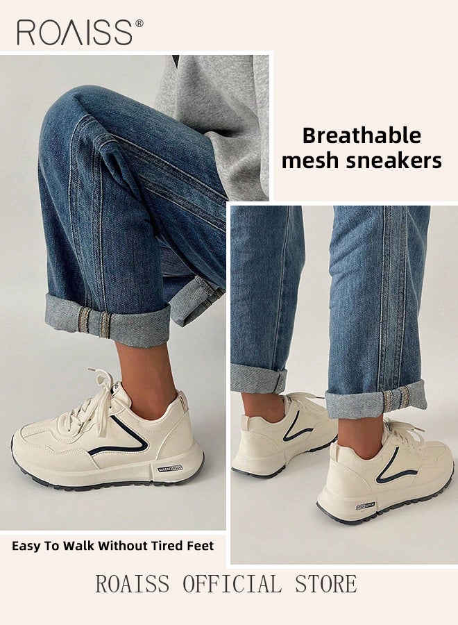 Casual Lightweight Chunky Sneakers for Women Retro Low Cut Non-slip Breathable Running Shoes with Nice Color Matching Ladies Simple Thick-Soled Sports Shoes Athlesiure Shoes White