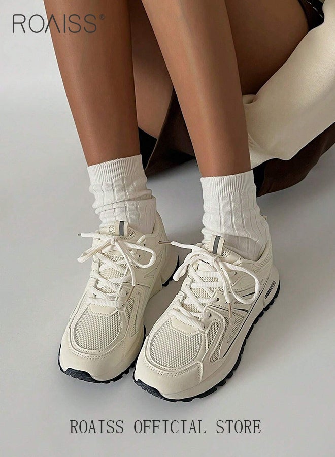 Lightweight Breathable Chunky Sneakers for Women Low Cut Mesh Upper Non-slip Running Sports Shoes with Nice Color Matching Ladies Casual Fashion Walking Shoes with Soft Sole White Athlesiure Shoes