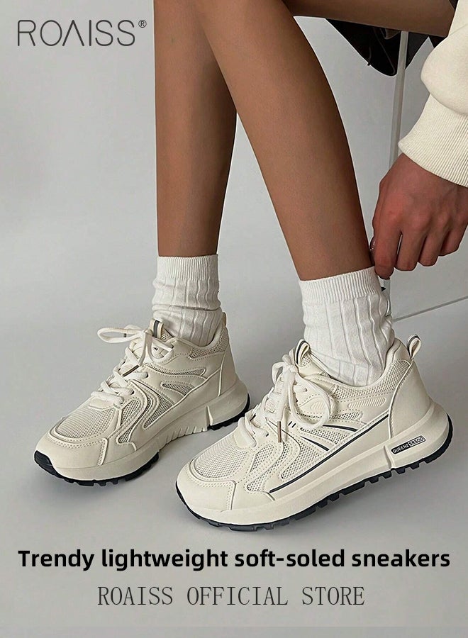 Lightweight Breathable Chunky Sneakers for Women Low Cut Mesh Upper Non-slip Running Sports Shoes with Nice Color Matching Ladies Casual Fashion Walking Shoes with Soft Sole White Athlesiure Shoes
