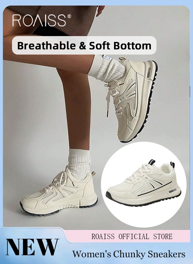 Lightweight Breathable Chunky Sneakers for Women Low Cut Mesh Upper Non-slip Running Sports Shoes with Nice Color Matching Ladies Casual Fashion Walking Shoes with Soft Sole White Athlesiure Shoes