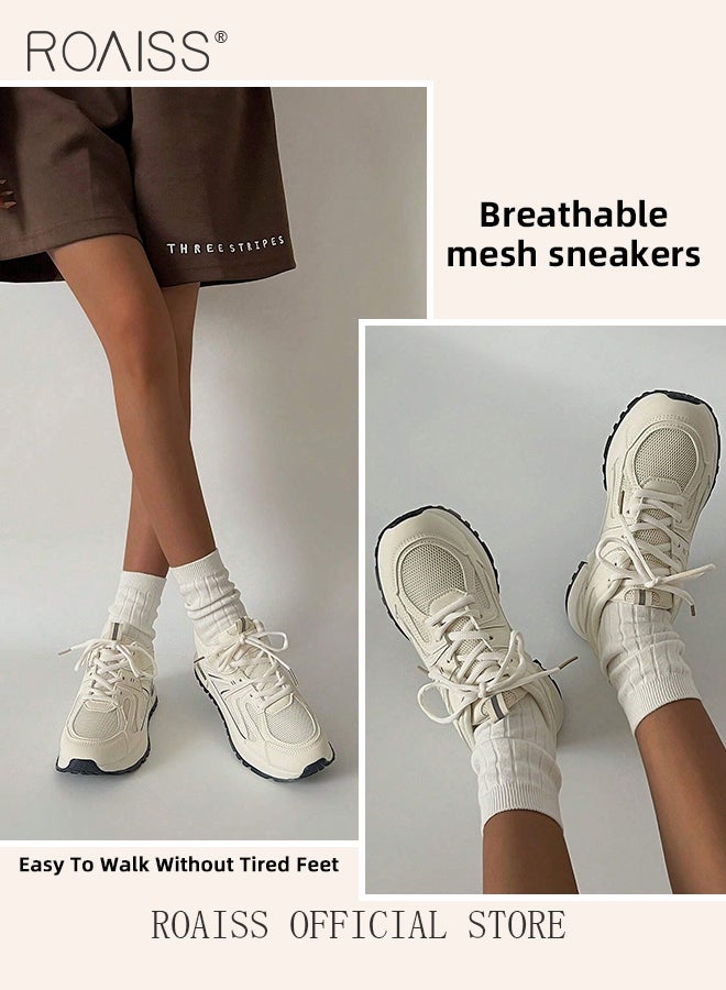 Lightweight Breathable Chunky Sneakers for Women Low Cut Mesh Upper Non-slip Running Sports Shoes with Nice Color Matching Ladies Casual Fashion Walking Shoes with Soft Sole White Athlesiure Shoes