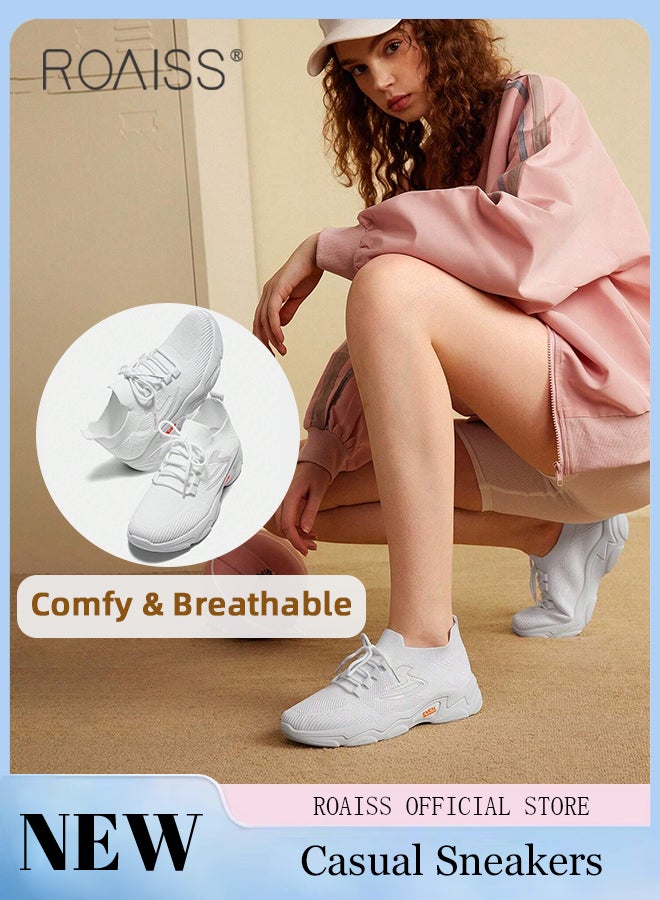 Breathable Lightweight Outdoor Casual Sports Shoes for Women Trendy Minimalist Versatile Sneakers with Shoelace Women's Non Slip Fly Woven Walking Athlesiure Shoes for Students or Sporty People