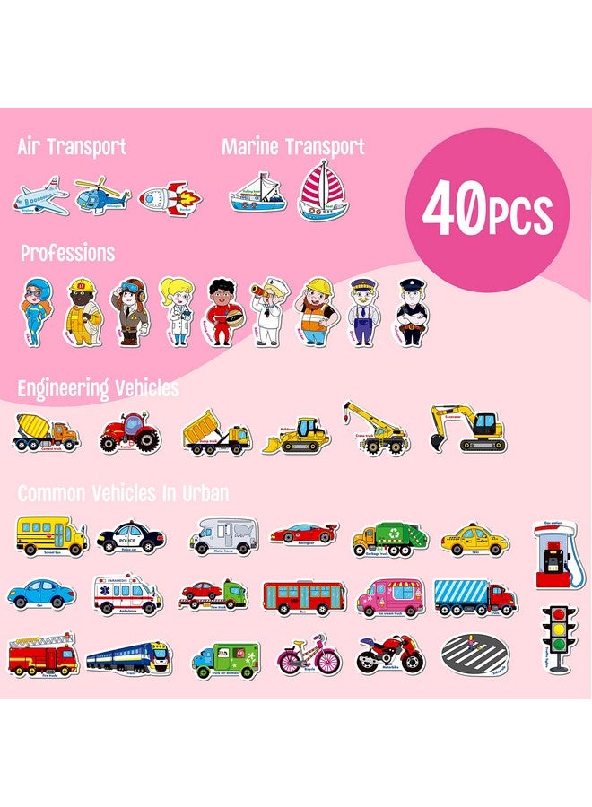 40 Pcs Vehicle Magnets, Vehicles And Professions Fridge Magnets For Kids-Common Vehicles, Airplane, Boat & Occupations-Magnetic Transport Refrigerator Decors Educational Learning Toys For Toddlers
