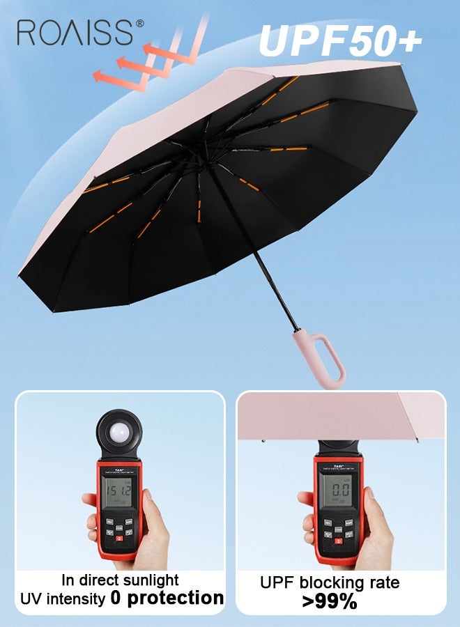 Unisex Multifunctional Automatic Umbrella with Thickened Coating for Cooling and Heat Insulation Dual Umbrella Ribs for Wind and Waterproof Circular Handle for Easy Carrying 10 Rib 3 Fold Design UPF50