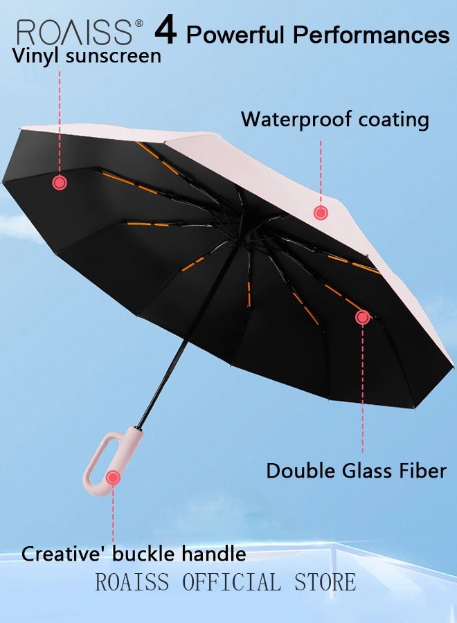 Unisex Multifunctional Automatic Umbrella with Thickened Coating for Cooling and Heat Insulation Dual Umbrella Ribs for Wind and Waterproof Circular Handle for Easy Carrying 10 Rib 3 Fold Design UPF50