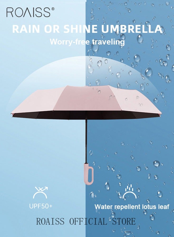 Unisex Multifunctional Automatic Umbrella with Thickened Coating for Cooling and Heat Insulation Dual Umbrella Ribs for Wind and Waterproof Circular Handle for Easy Carrying 10 Rib 3 Fold Design UPF50