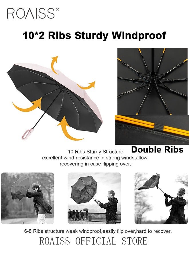 Unisex Multifunctional Automatic Umbrella with Thickened Coating for Cooling and Heat Insulation Dual Umbrella Ribs for Wind and Waterproof Circular Handle for Easy Carrying 10 Rib 3 Fold Design UPF50