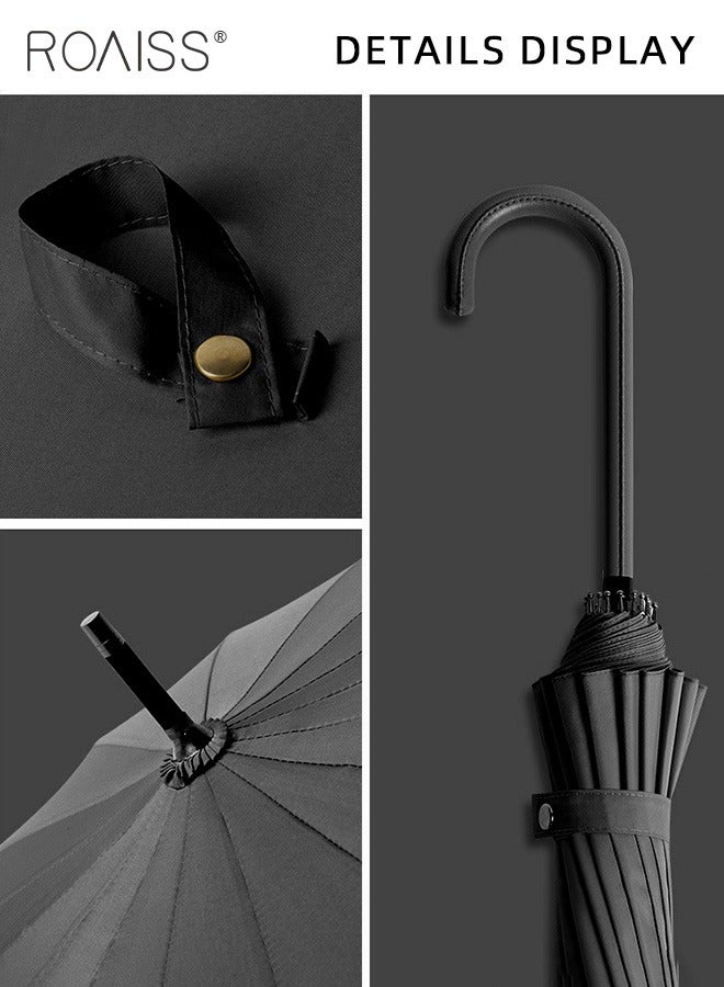 Unisex Straight-Pole Long Handle Umbrella with High-Density Waterproof Coating Leather Handle Curved Hook for Easy Grip Semi-Auto 16 Rib Reinforcement Design for Rain Sun and Wind