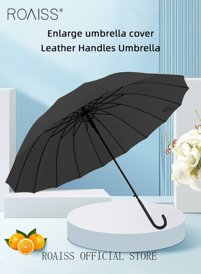 Unisex Straight-Pole Long Handle Umbrella with High-Density Waterproof Coating Leather Handle Curved Hook for Easy Grip Semi-Auto 16 Rib Reinforcement Design for Rain Sun and Wind