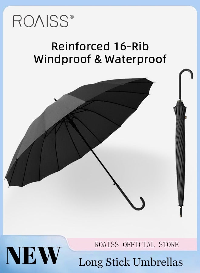 Unisex Straight-Pole Long Handle Umbrella with High-Density Waterproof Coating Leather Handle Curved Hook for Easy Grip Semi-Auto 16 Rib Reinforcement Design for Rain Sun and Wind